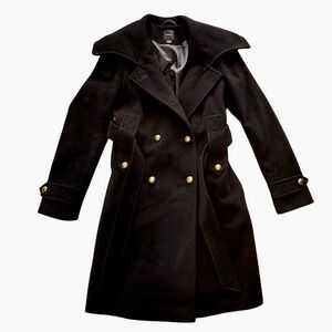 Chequer Wool‎ Cashmere Double Breasted Belted Trench Coat Black Womens Size 6